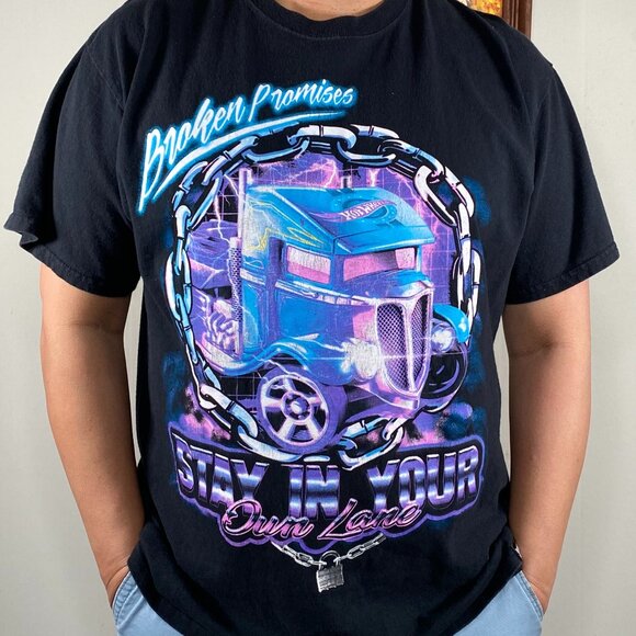 Broken Promises Hot Wheels T-Shirt Top Men's Large Black "Stay in Your Own Lane" - Picture 1 of 9